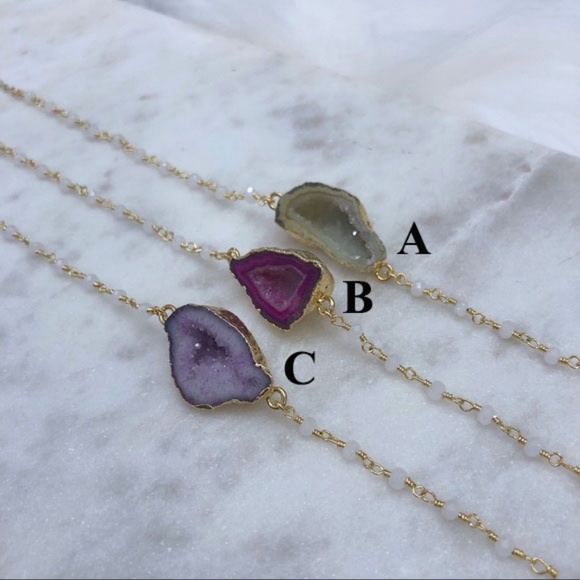 Petite Druzy Geode Chalcedony Gold Chain Necklace - Picture 4 of 6